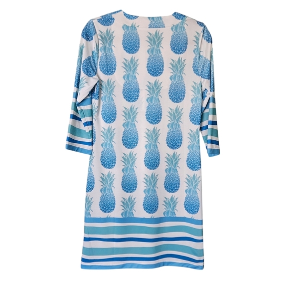 Jean-Pierre Klifa Isabella Dress Blue White and Teal Pineapple Print size XS EUC - Picture 2 of 7